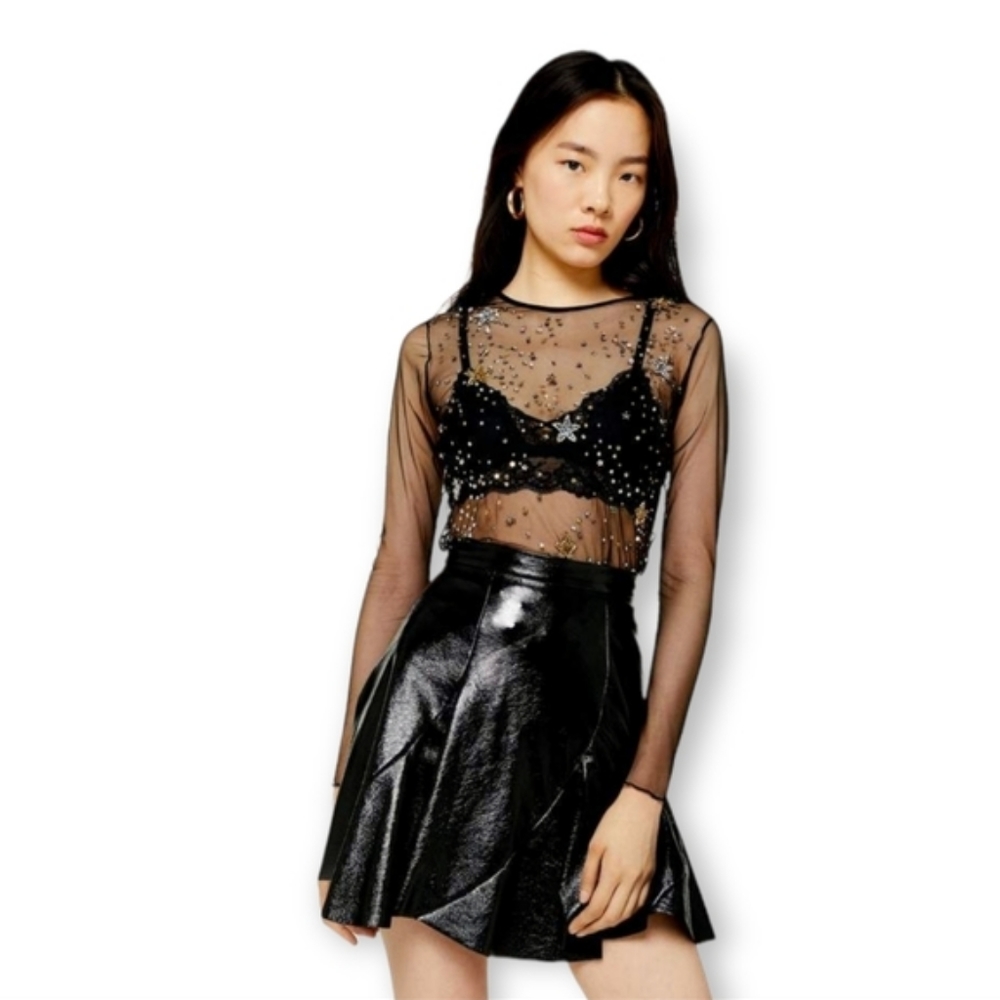 NWT, Topshop Black Star Sequin Mesh Top